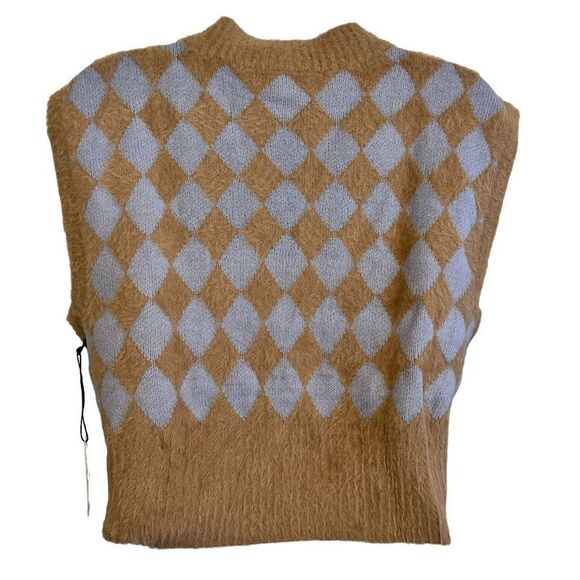 Sincerely Jules Soft Fuzzy Tan Light Blue Argyle Cropped Sweater Vest Sz XS NWT - Picture 2 of 7
